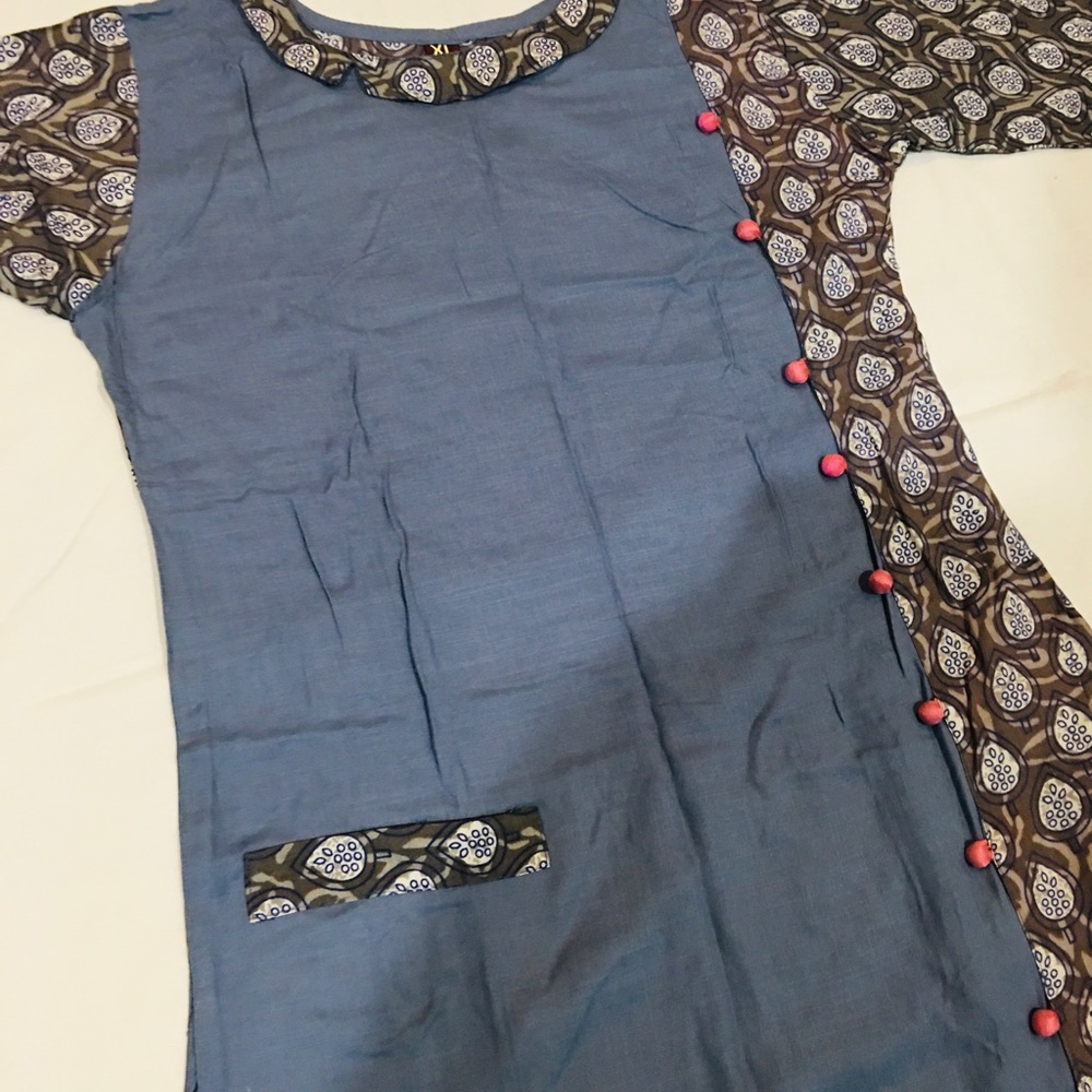 NWT Pigeon Blue and Brown Peacock Pom Pom Tunic Maxi Dress Indian Pakistani - Picture 6 of 9